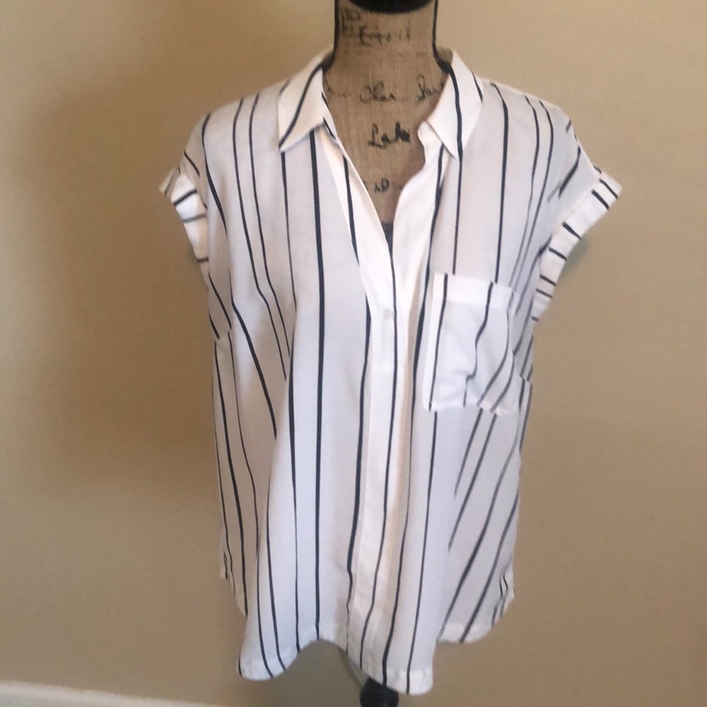 Black and white striped shirt sleeve blouse